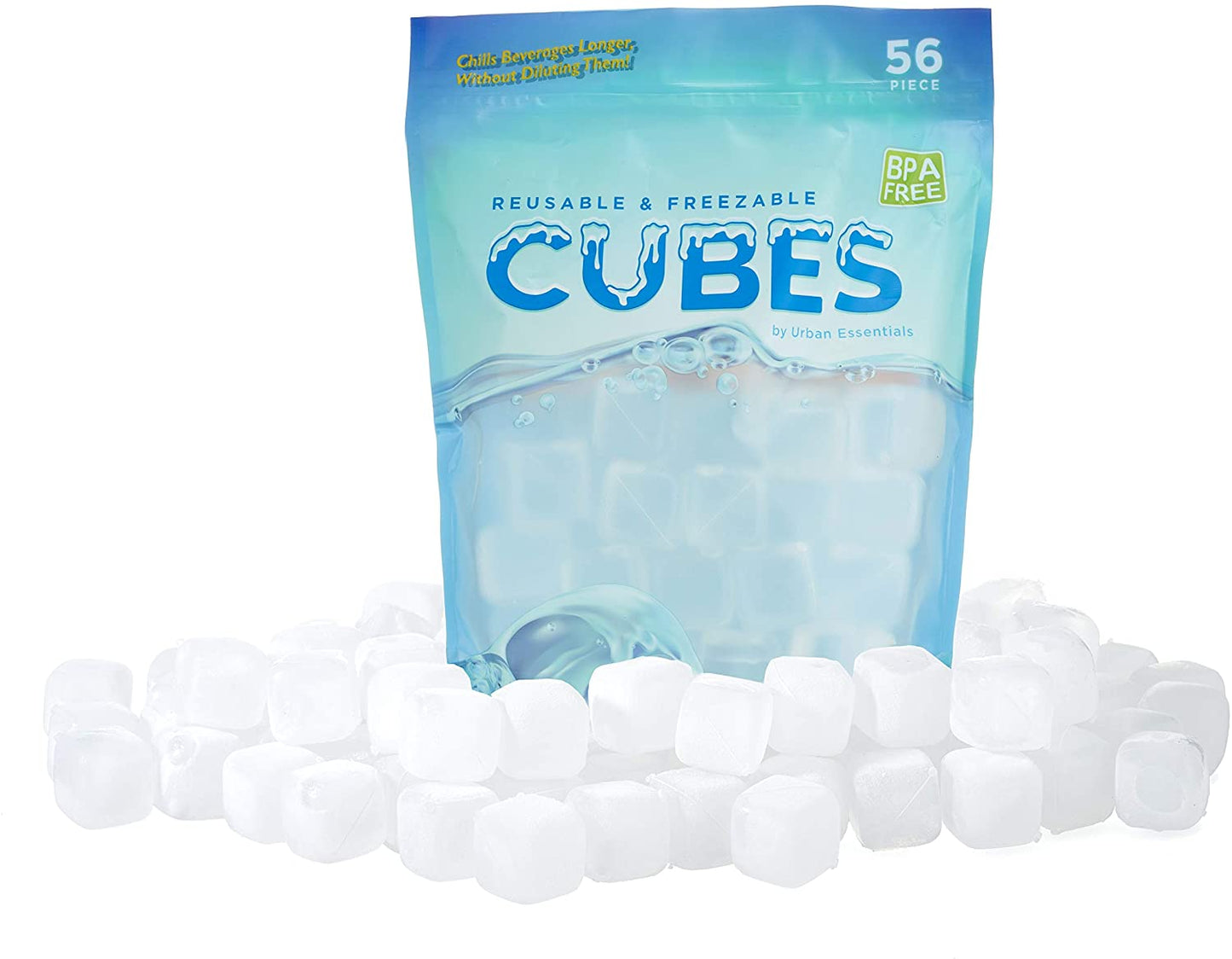 Urban Essentials Reusable Ice Cubes - Quick Freeze Clear Plastic Square Ice cubes With Resealable Bag Pack Of 56