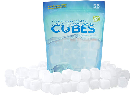 Urban Essentials Reusable Ice Cubes - Quick Freeze Clear Plastic Square Ice cubes With Resealable Bag Pack Of 56