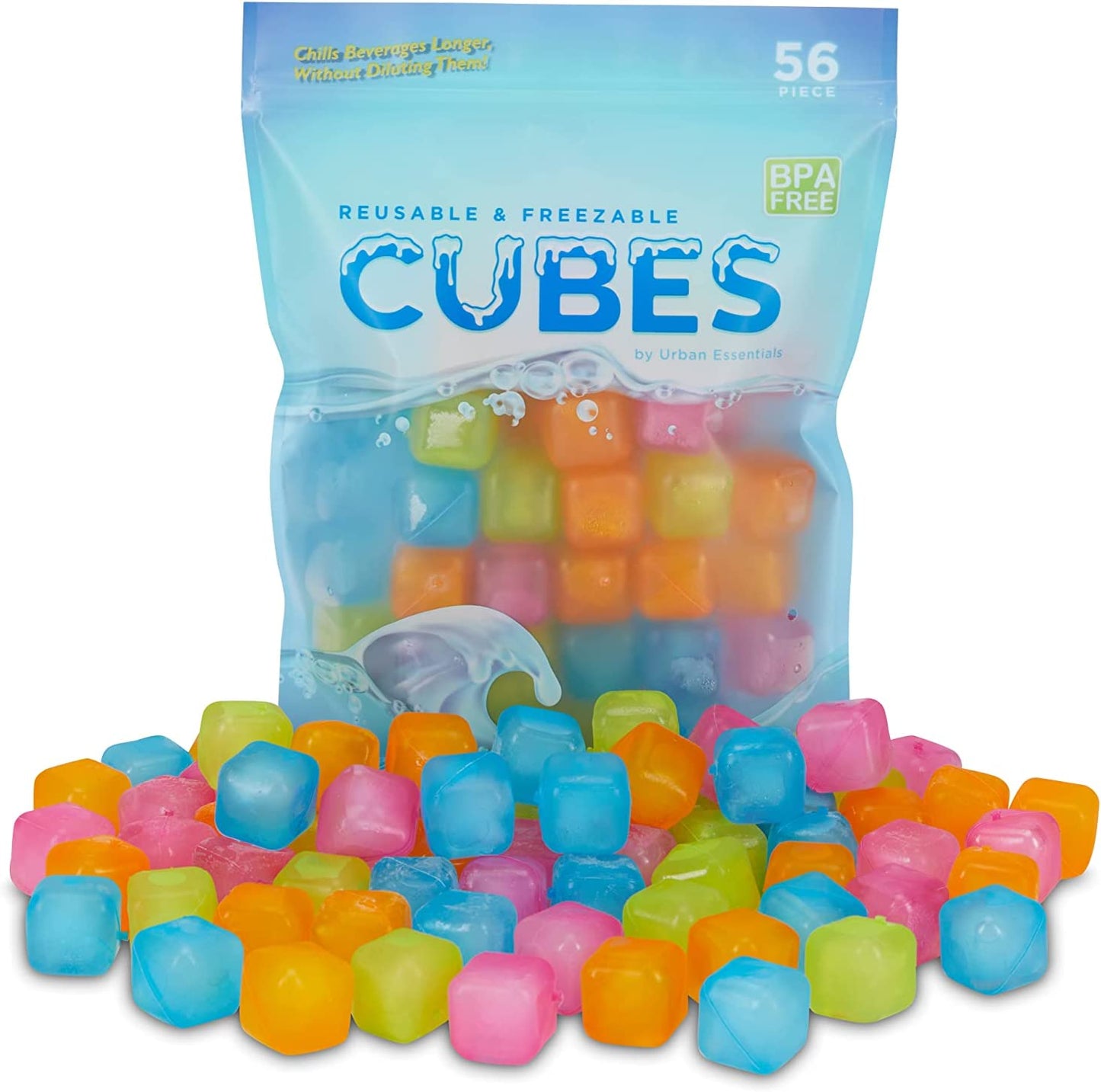 Urban Essentials - Quick Freeze Colorful Plastic Square Ice cubes With Resealable Bag Pack Of 56