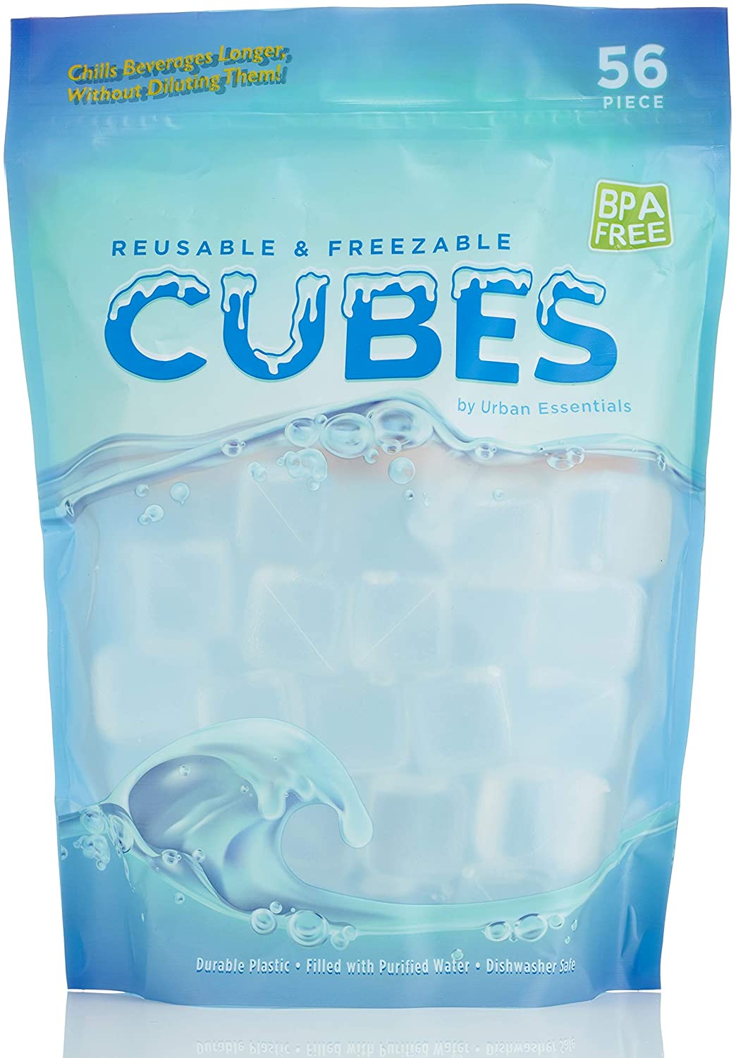 Urban Essentials Reusable Ice Cubes - Quick Freeze Clear Plastic Square Ice cubes With Resealable Bag Pack Of 56