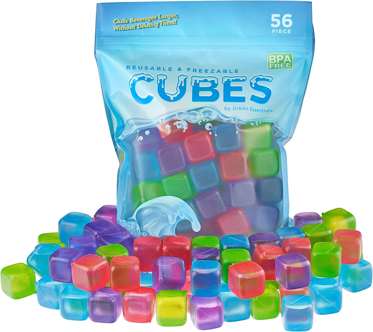 Urban Essentials - Quick Freeze Colorful Plastic Square Ice cubes With Resealable Bag Pack Of 56